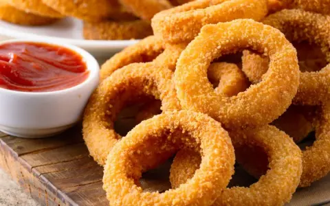 Aros de cebolla dorados y crujientes apilados junto a un tazón de salsa de tomate.
