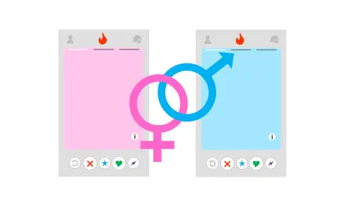 Dwa profile Tindera, różowy i niebieski, z symbolami płci połączonymi. Zastanawiasz się, tinder ile lajków dziennie?