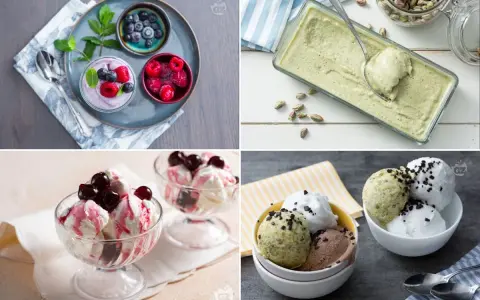 Vari gusti di gelato, tra cui pistacchio e frutti di bosco, perfetti con latte condensato.