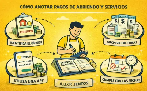 Un hombre registra pagos de arriendo y servicios. Identifica el origen, usa una app, archiva facturas y cumple fechas. El pago recurrente es clave.
