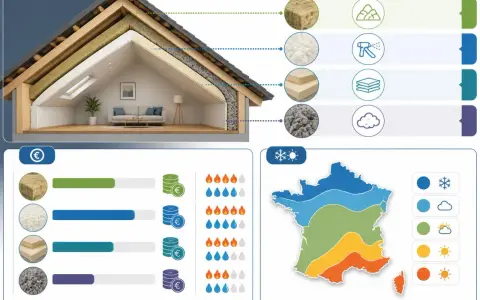 Coupe d'une maison montrant l'isolation des combles aménageables avec différents matériaux et leur coût. Carte de France des zones climatiques.