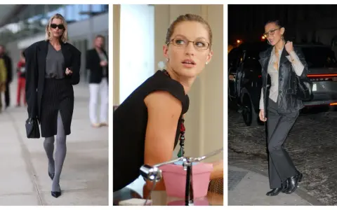 Trzy kobiety w eleganckich stylizacjach, w tym jedna z nich w roli office siren, prezentują modne stroje biznesowe.