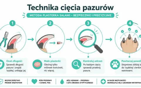 Ilustracja pokazuje, jak obciąć psu pazury metodą "plasterka salami". Krok po kroku: oceń długość, obcinaj małe fragmenty, kontroluj odrost i powtarzaj.