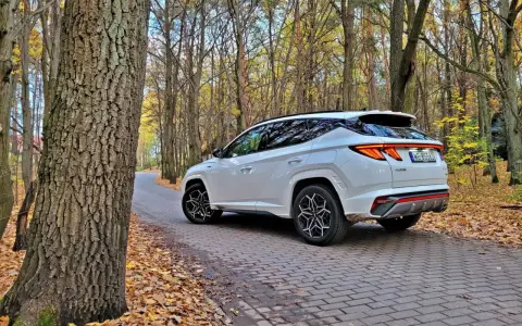 Biały Hyundai Tucson Hybrid na jesiennej drodze wśród drzew.