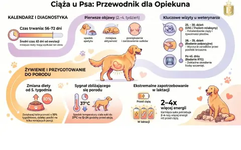 Ilustracja pokazuje, ile pies jest w ciąży, od pierwszych objawów po poród i laktację.