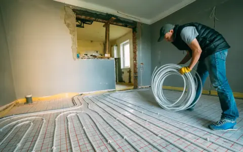 Instalator układa rury do ogrzewania podłogowego z sieci miejskiej.