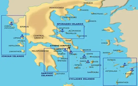 Mapa Grecji z zaznaczonymi archipelagami: Wyspy Jońskie, Sarońskie, Sporady, Cyklady i Dodekanez. Odkryj najpiękniejsze wyspy greckie!