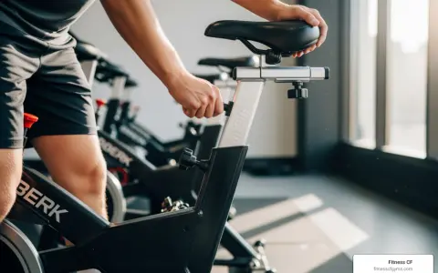 A person adjusts the seat on a spin bike, ready for an intense spin class.