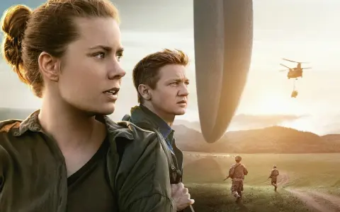 Amy Adams i Jeremy Renner patrzą na gigantyczny statek obcych. W tle żołnierze i helikopter. To może być kluczowe 10 pik znaczenie.