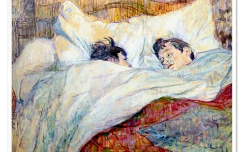 Dwie postacie śpiące w łóżku, uchwycone pędzlem henri de toulouse-lautrec. Widać ich twarze i kołdrę.