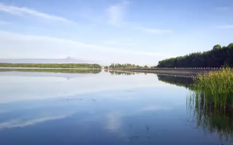 Spokojny zalew Dziećkowice z odbijającymi się w tafli wody chmurami i zielonym lasem w tle.