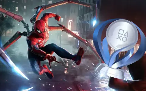 Spider-Man en acción, con sus tentáculos mecánicos desplegados, junto al trofeo platino de Spider-Man 2.