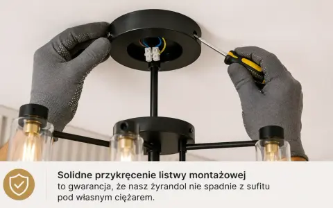 Ręce w rękawiczkach przykręcają śrubokrętem mocowanie żyrandola do sufitu.