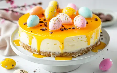 Påsk cheesecake med gul lemon curd-glasyr, dekorerad med färgglada påskägg och chokladbitar.