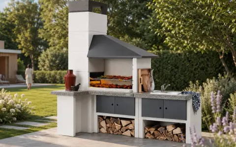 Una moderna zona barbecue in giardino, con camino, piano di lavoro, lavello e legna da ardere.