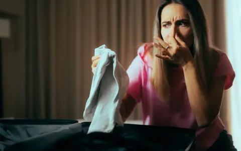 Kobieta w różowej bluzce zatyka nos, trzymając w ręku nieświeżą koszulkę. Jak odświeżyć garnitur bez prania?