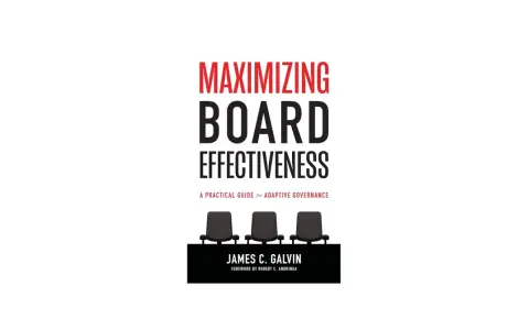 Book cover "Maximizing Board Effectiveness" by James C. Galvin, featuring three empty chairs, suggesting a focus on board evaluation tools and adaptive governance.