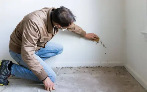 Hombre con mascarilla limpiando manchas de humedad de la pared con una esponja.