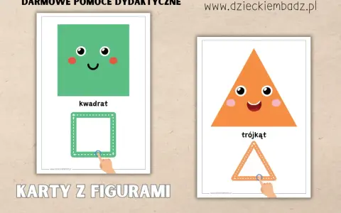 Karty edukacyjne do nauki kształtów: wesoły kwadrat i trójkąt. Dzieci ćwiczą rysowanie figur geometrycznych.