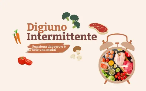 Digiuno intermittente: come funziona? Un orologio pieno di cibi sani, verdure e carne, con carote, broccoli e pomodori sparsi.