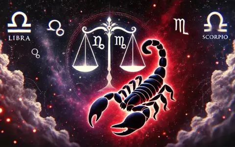 Skorpion i Waga: zodiakalny skorpion na tle kosmosu z wagą, symbolizującą ich związek.