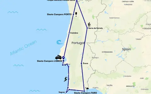 Reiseroute durch Portugal, die Lissabon, Porto, Faro und die Serra da Estrela umfasst. Diese Lissabon Highlights Tour zeigt die Vielfalt des Landes.