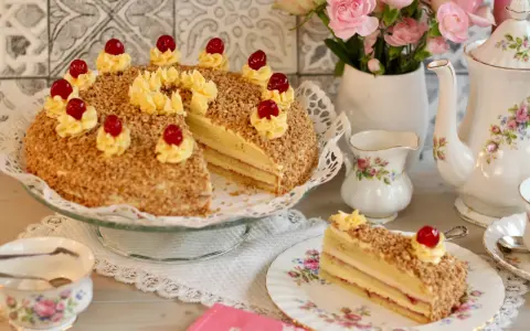 Ein köstlicher Frankfurter Kranz, verziert mit Buttercreme-Tupfern und Kirschen, umgeben von gehackten Nüssen. Ein Stück ist auf einem Teller angerichtet.