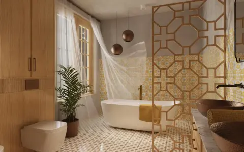 Élégante salle de bain style marocain avec baignoire, double vasque en cuivre, boiseries et carrelage ornemental.