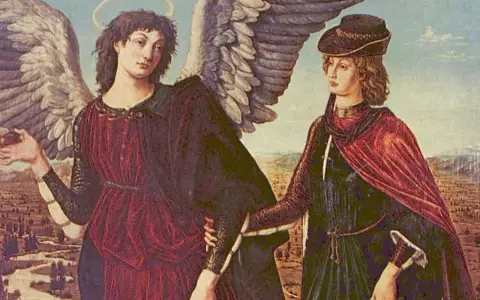 Św. Rafał Archanioł prowadzi młodzieńca. Obraz nawiązuje do litanii do św. Rafała Archanioła, patrona podróżnych i uzdrowicieli.