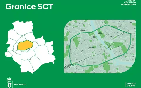 Granice SCT na mapie Warszawy. Zaznaczony obszar to strefy czystego transportu, które mają na celu poprawę jakości powietrza.