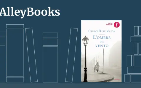 Copertina del libro "L'ombra del vento" di Carlos Ruiz Zafón, con un'immagine suggestiva di una strada nebbiosa e due figure.