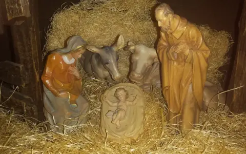Szopka z figurkami: Maryja, Józef, Dzieciątko Jezus, wołek i osiołek. Tekst opowiada o narodzinach.