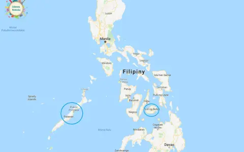 Mapa pokazuje, gdzie leżą Filipiny, z zaznaczonymi miastami jak Manila, Cebu i Palawan.