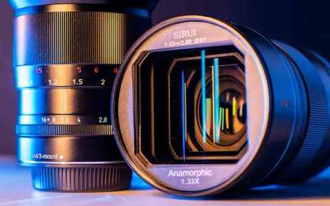 Dwa obiektywy, jeden z oznaczeniem "Anamorphic 1.33X", drugi z podziałką przysłony.