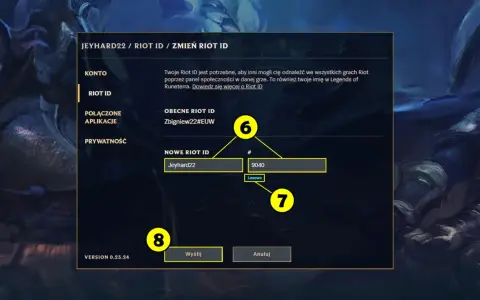 Interfejs zmiany Riot ID w grze, z polami na nowe ID i numer.