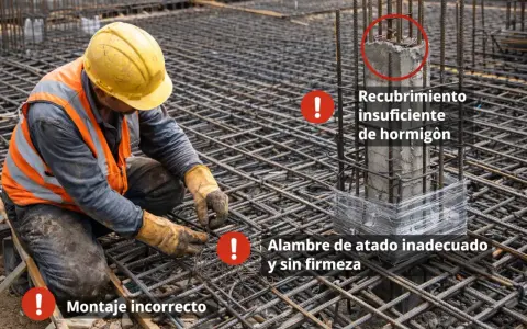 Obrero trabajando en la ferralla, mostrando errores de montaje, recubrimiento insuficiente de hormigón y alambre de atado inadecuado.