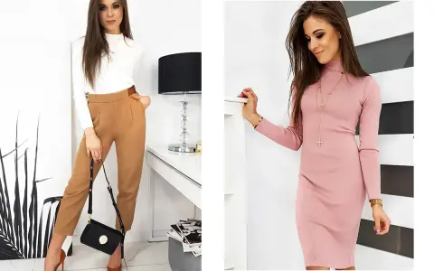 Kobieta prezentuje stylizacje podkreślające figurę klepsydra: eleganckie spodnie i dopasowana sukienka.
