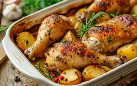 Muslos de pollo asados con patatas y romero. Una deliciosa receta para disfrutar en familia.