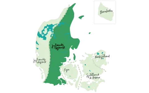 Karta över Danmark med områden som Jyllands östkust, Fyn och Själland. Perfekt för att planera din nästa vandra i Danmark.