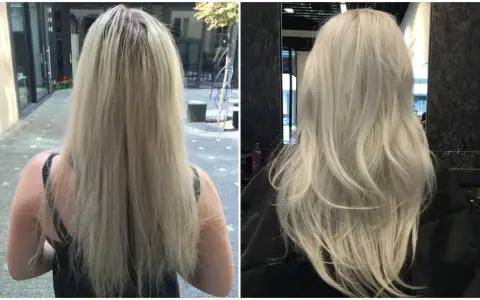 Przed i po zabiegu Olaplex. Włosy po kuracji są widocznie zdrowsze i lśniące.