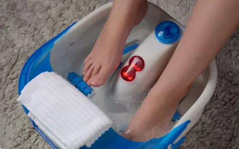 Pieds dans un bain à bulles, profitant d'un moment de détente pour la beauté des pieds. Une serviette blanche est à portée de main.