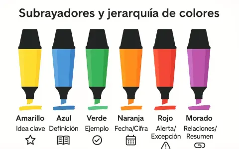 Subrayadores y jerarquía de colores: amarillo para ideas clave, azul para definiciones. ¿Cuál es el mejor color para estudiar? ¡Todos son útiles!