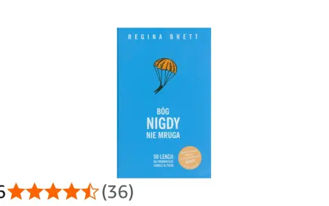 Okładka książki "Bóg nigdy nie mruga" Reginy Brett. Stylizowana postać spada na spadochronie.