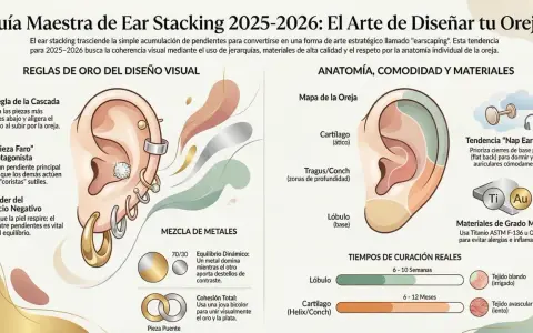 Oreja con varios pendientes, incluyendo un aro de **punta de plata** en el lóbulo y un brillante en el cartílago.