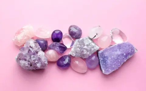 Cristales de amatista, cuarzo rosa y transparente sobre fondo rosa. El jade blanco significado se asocia a la pureza y la serenidad.