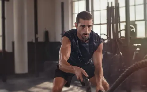 Ein Mann trainiert mit Seilen im Fitnessstudio. Das ist funktionelles Training, das Kraft und Ausdauer verbessert.