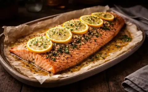 En hel, lyxig lax i ugn, toppad med citronskivor och örter, serverad på ett fat med bakplåtspapper.