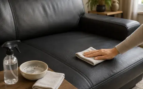 Nettoyer simili cuir bicarbonate : une main essuie un canapé noir avec un chiffon. Un spray et un bol de mousse sont à proximité.