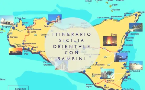Mappa della Sicilia orientale con itinerario per bambini, che include Catania, Etna, Taormina e Siracusa.