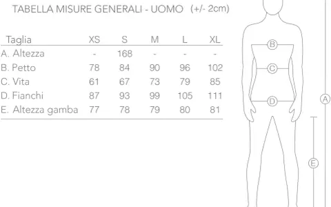 Tabella misure uomo: taglia small (S) con altezza 168 cm, petto 84 cm, vita 67 cm, fianchi 93 cm, altezza gamba 78 cm.